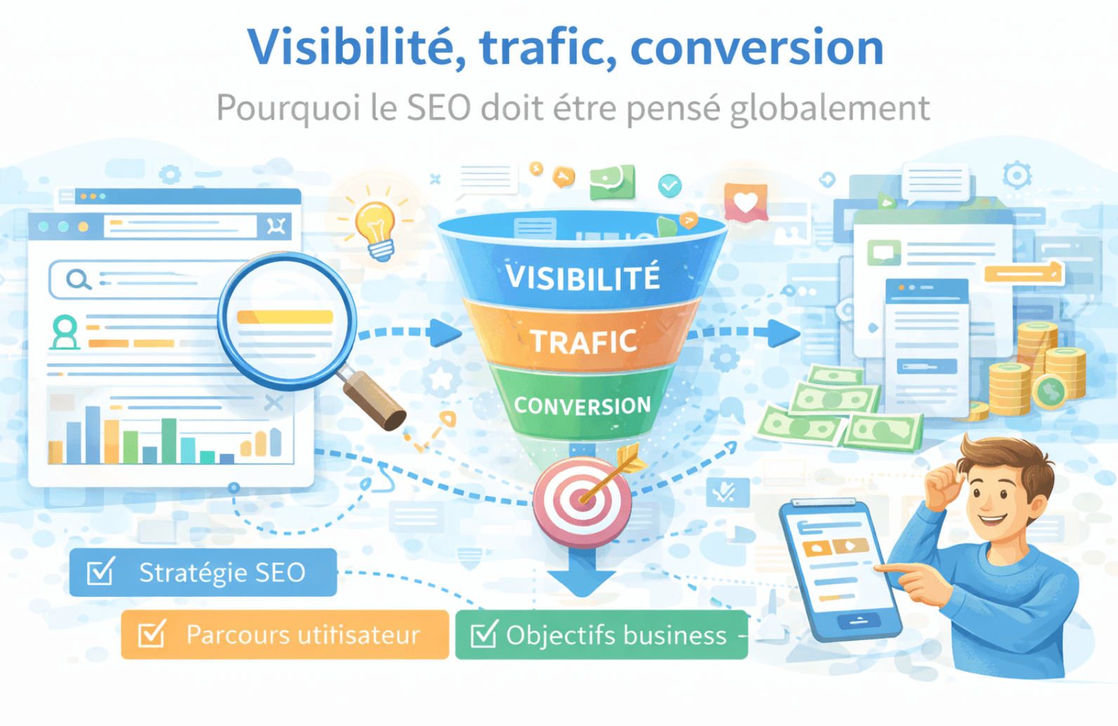 visibilité trafic conversion schéma explicatif